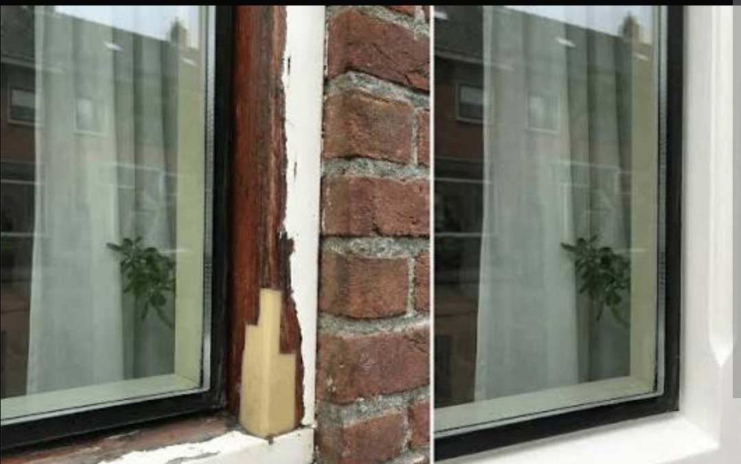 Kozijnstijl met houtrot: links vóór reparatie, rechts hersteld met Repair Care en afgelakt — Houtrot reparatie — door Houtschilderwerk Limmen